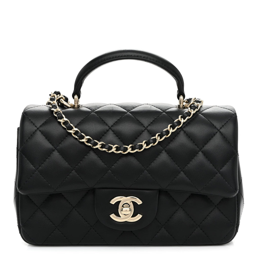 Chanel Lambskin Quilted Mini Top Handle Rectangular Flap Black
