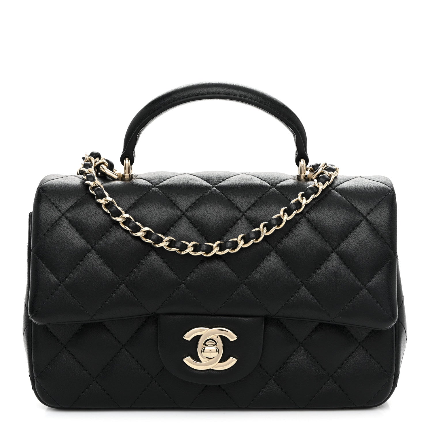 Chanel Lambskin Quilted Mini Top Handle Rectangular Flap Black