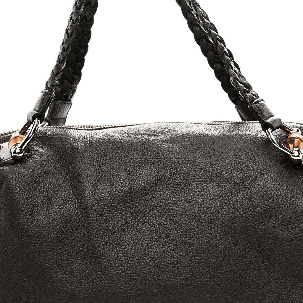 Gucci Pebbled Calfskin Large Bamboo Bar Tassel Shoulder Bag Dark Brown