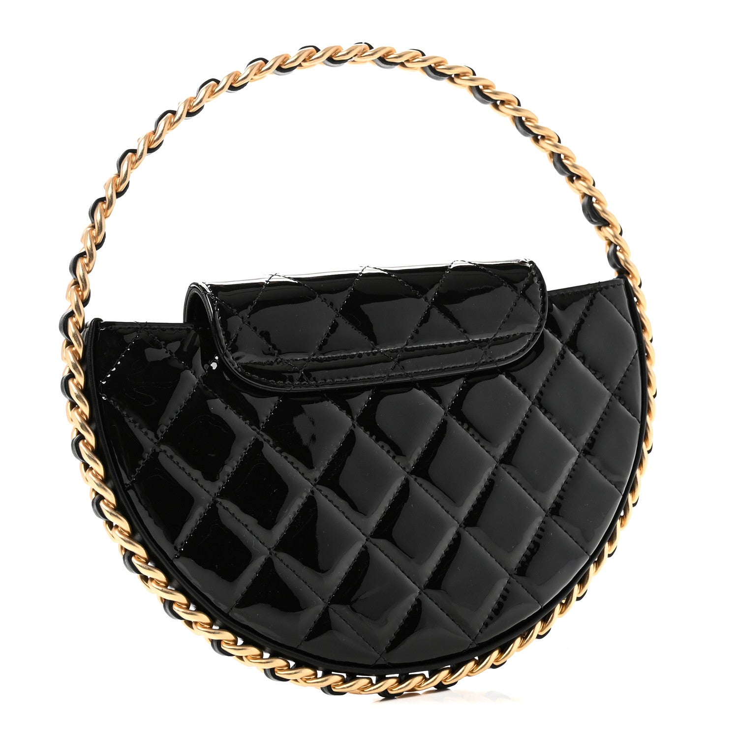 Chanel Patent Calfskin Quilted Chain Hoop Bag Black