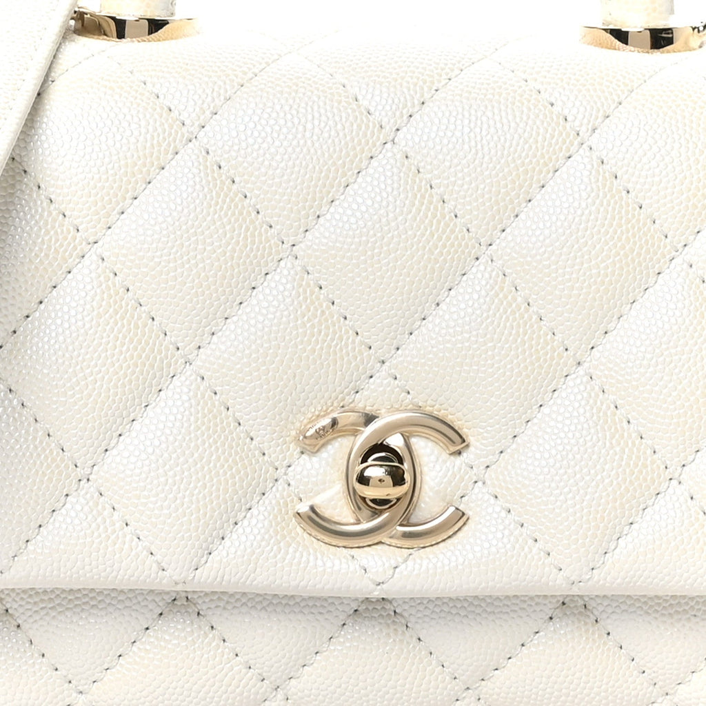 Chanel Iridescent Caviar Quilted Extra Mini Coco Handle Flap White