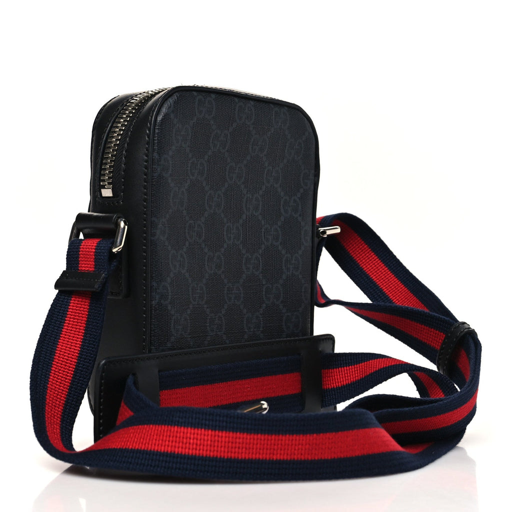 Gucci GG Supreme Monogram Appia Calfskin Web Small Camera Messenger Bag Black Grey