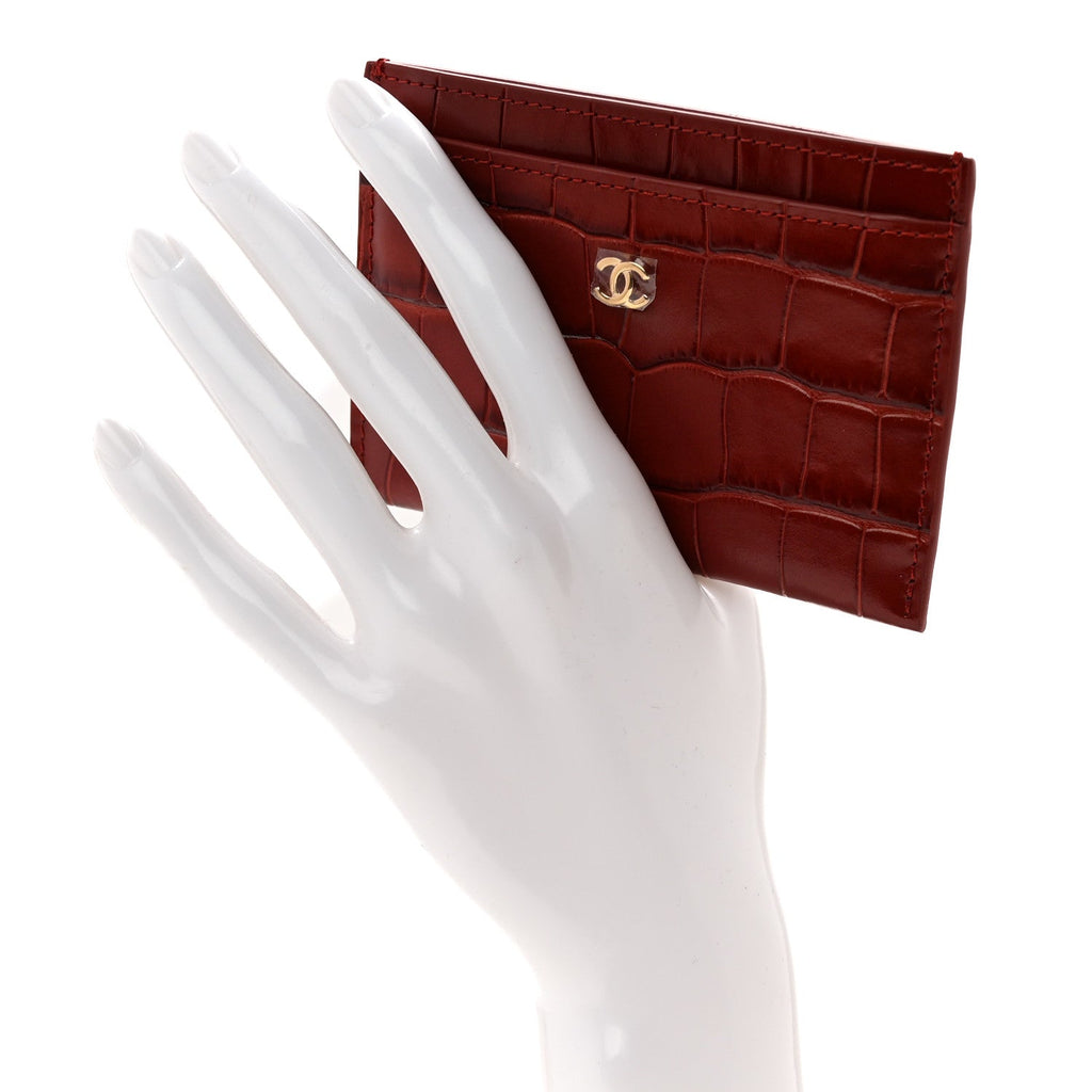 Calfskin Crocodile Embossed Crococo Card Holder Burgundy