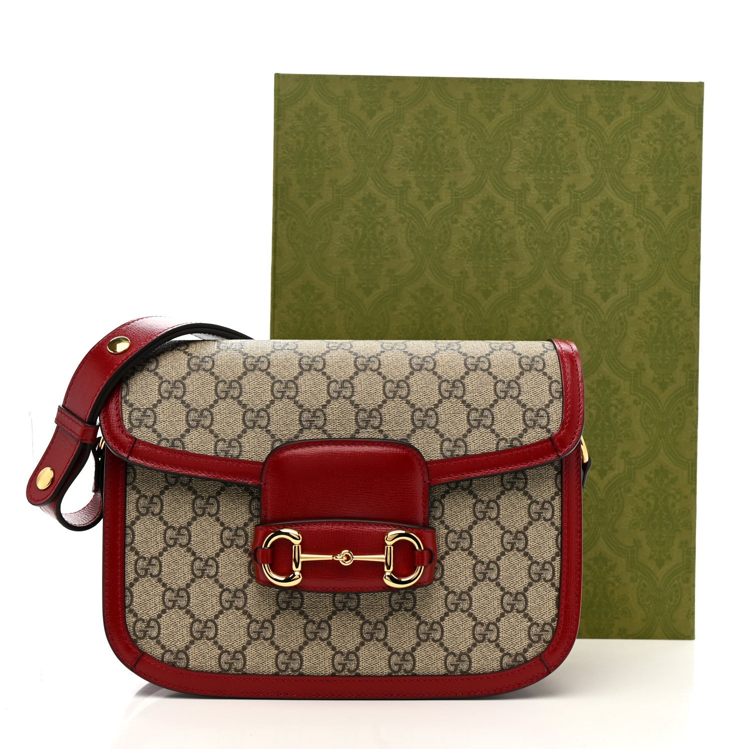 Gucci GG Supreme Monogram Azalea Calfskin Horsebit 1955 Shoulder Bag Beige Ebony New Cherry Red