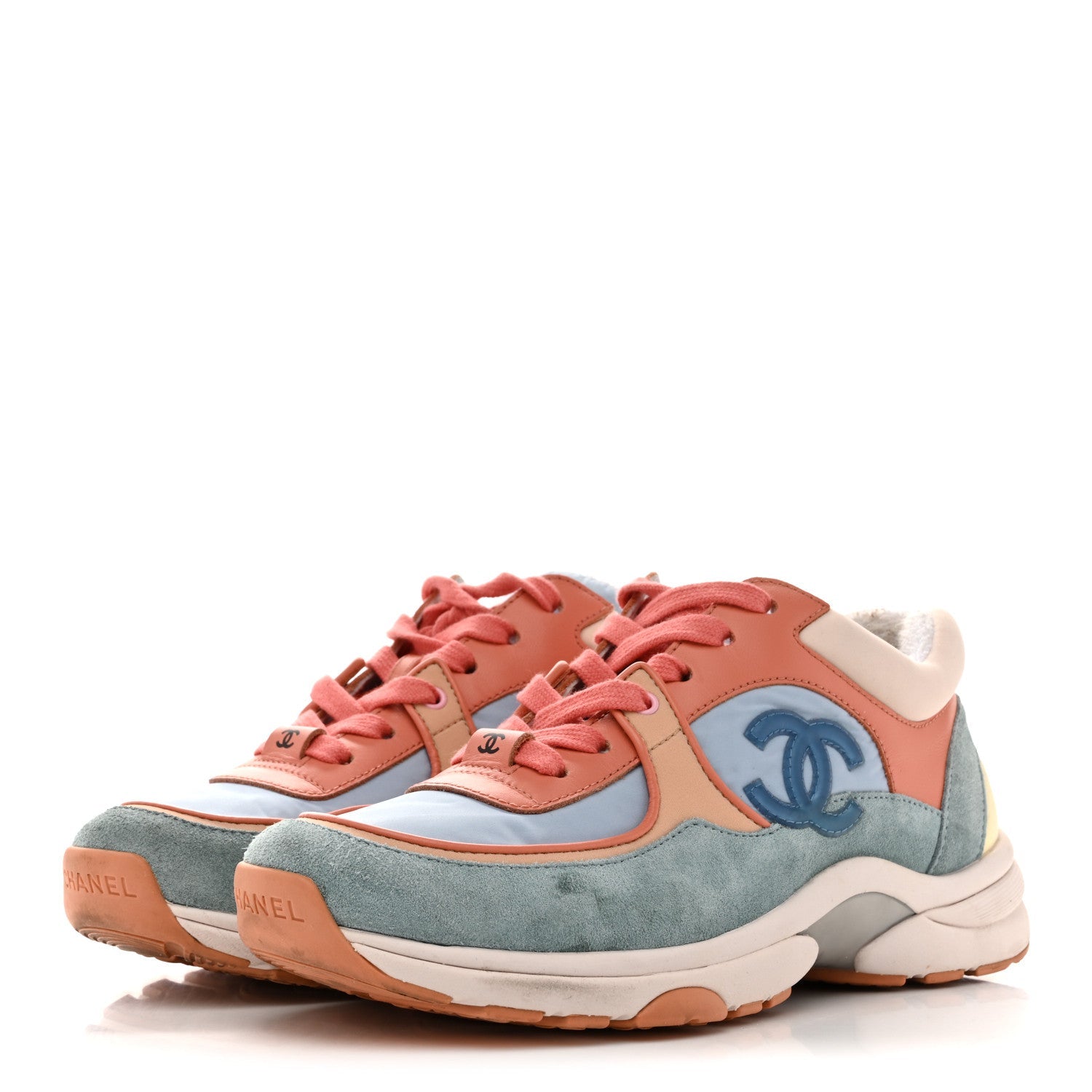 Nylon Lambskin Suede Calfskin CC Sneakers 35 Coral Light Blue White