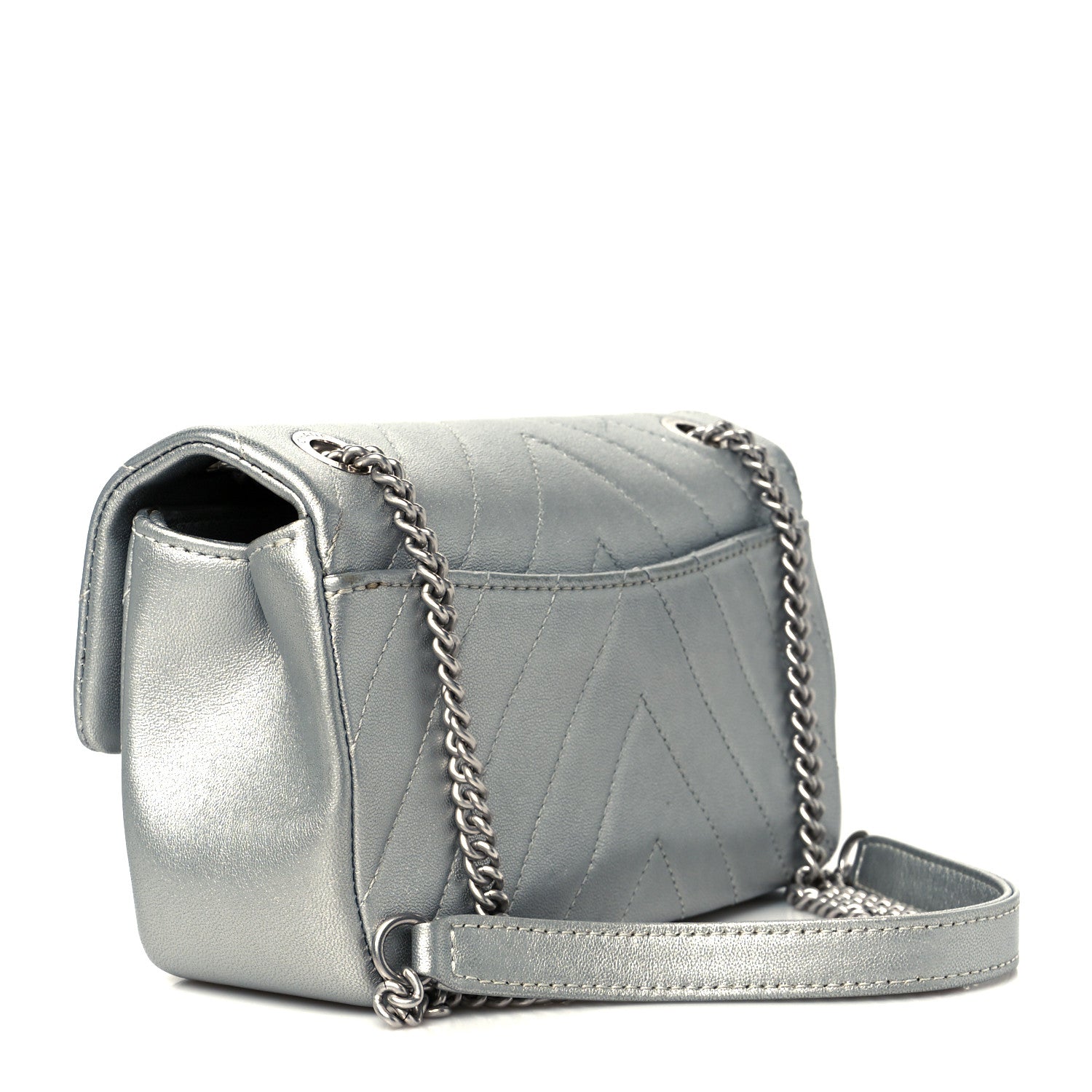Chanel Metallic Lambskin Chevron Quilted Mini Rectangular Flap Silver