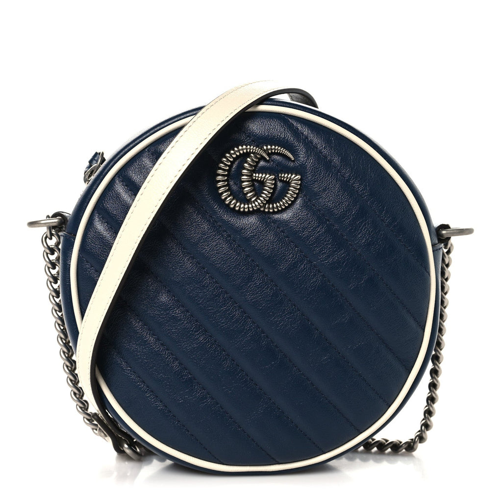 Gucci Azalea Calfskin Matelasse Diagonal Mini Torchon GG Marmont Round Shoulder Bag Blue Agata Mystic White