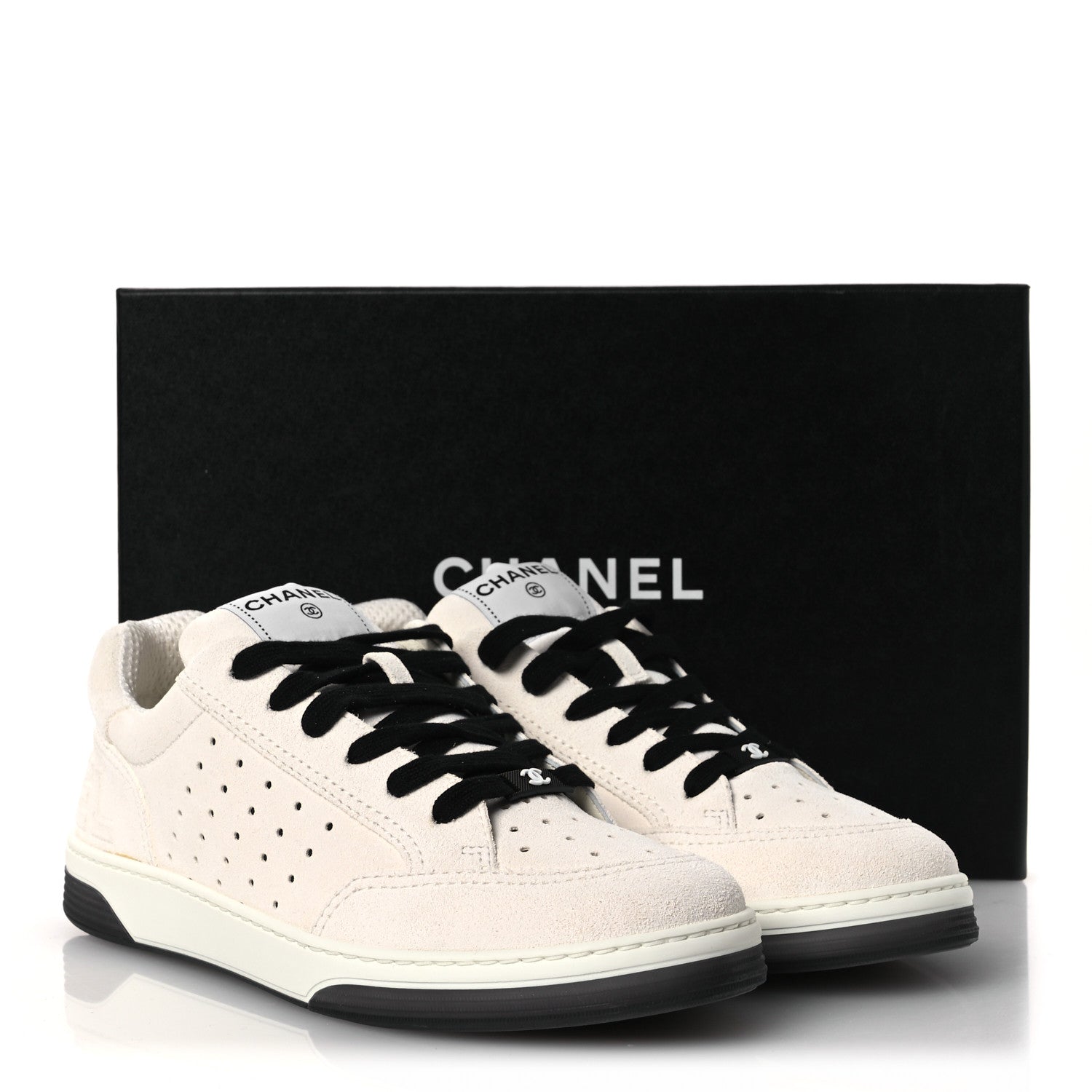 Chanel Suede Calfskin Logo Sneakers 40 Black White