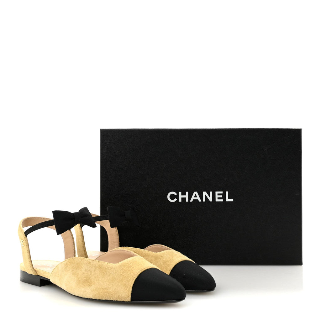 Chanel Suede Grosgrain Bow Cap Toe CC Slingback Flats 38 Beige Black