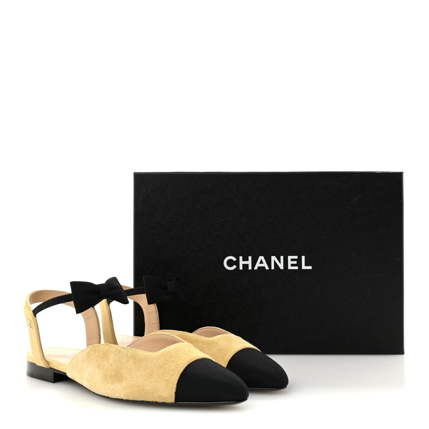 Chanel Suede Grosgrain Bow Cap Toe CC Slingback Flats 38 Beige Black