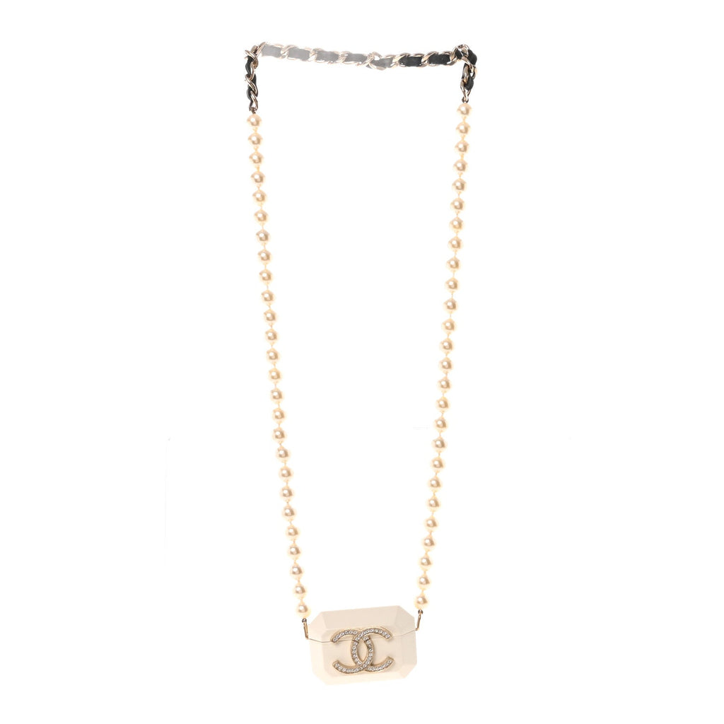 Resin Crystal Pearl Lambskin Airpods Pro Holder Necklace Pearly White