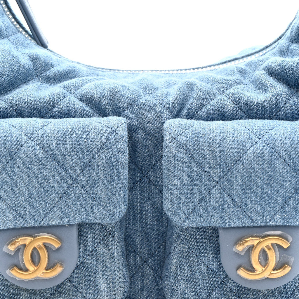 Chanel Washed Denim Quilted Large Trendy Pockets Hobo Blue