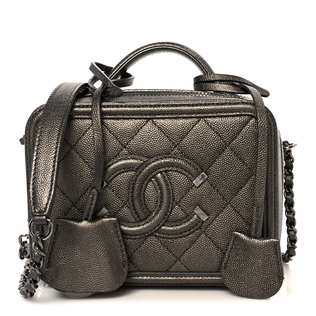 Chanel Metallic Caviar Quilted Small CC Filigree Vanity Case Dark Silver
