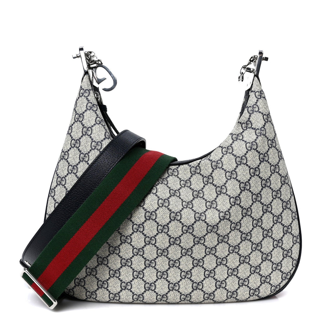 Gucci GG Supreme Monogram Textured Calfskin Web Large Attache Shoulder Bag Beige Blue