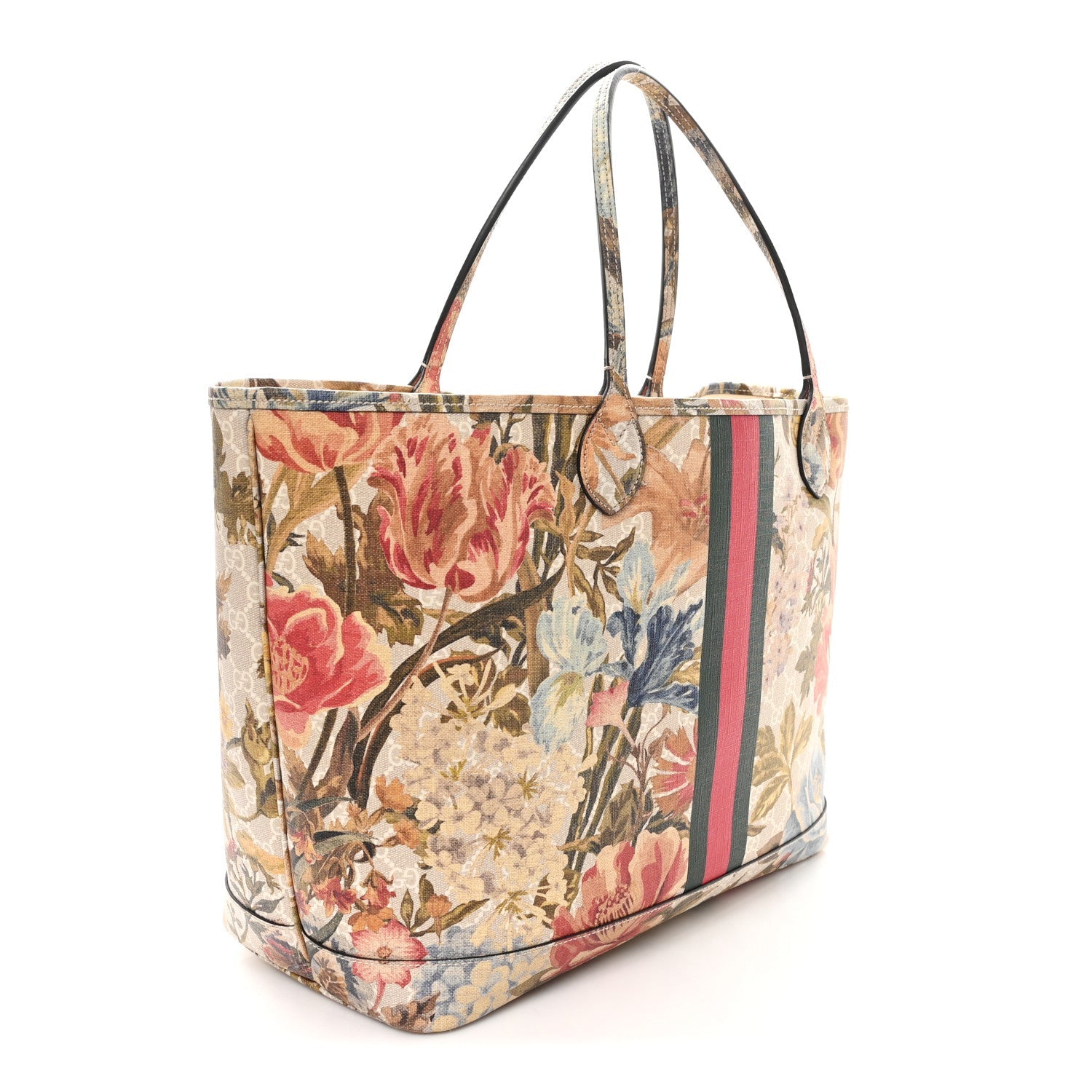 Gucci GG Supreme Monogram Water Flora Web Large Ophidia Tote Beige White Multicolor