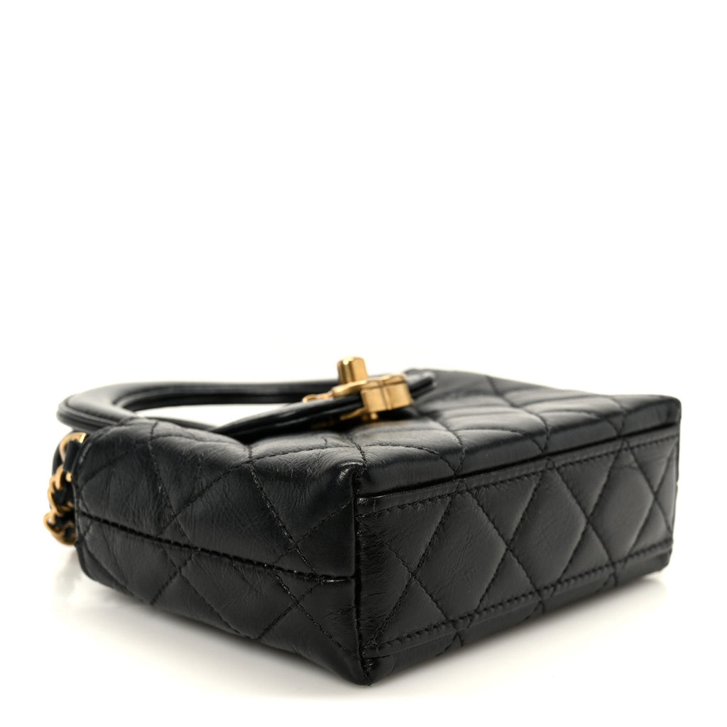 Chanel Shiny Aged Calfskin Quilted Mini Nano Kelly Shopper Black