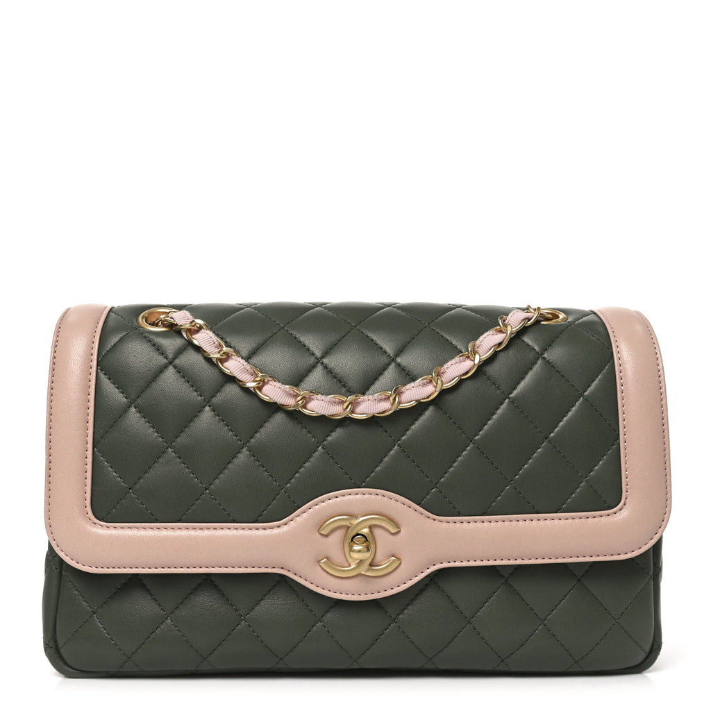 Chanel Lambskin Quilted Medium Bi-Color Flap Green Pink