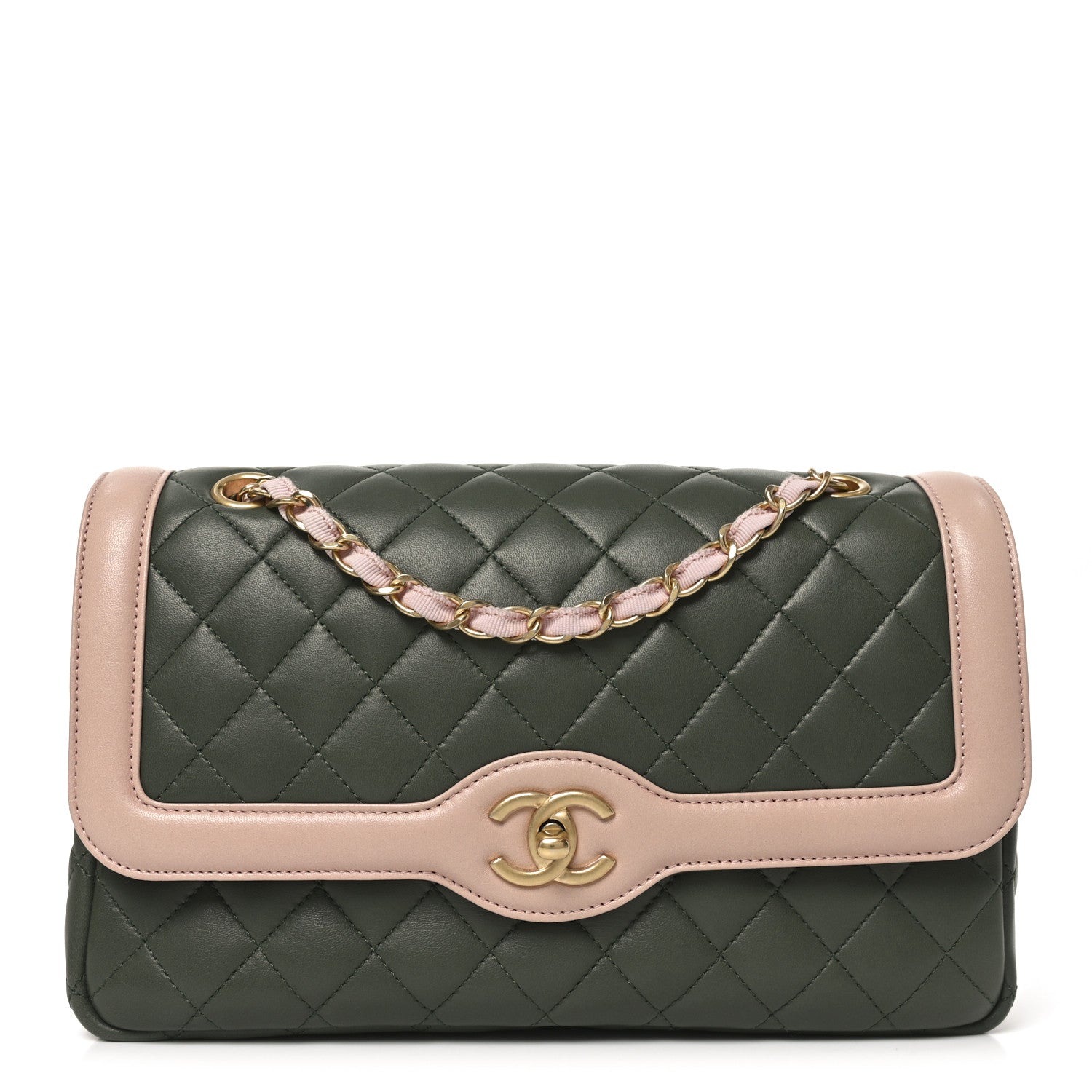 Chanel Lambskin Quilted Medium Bi-Color Flap Green Pink