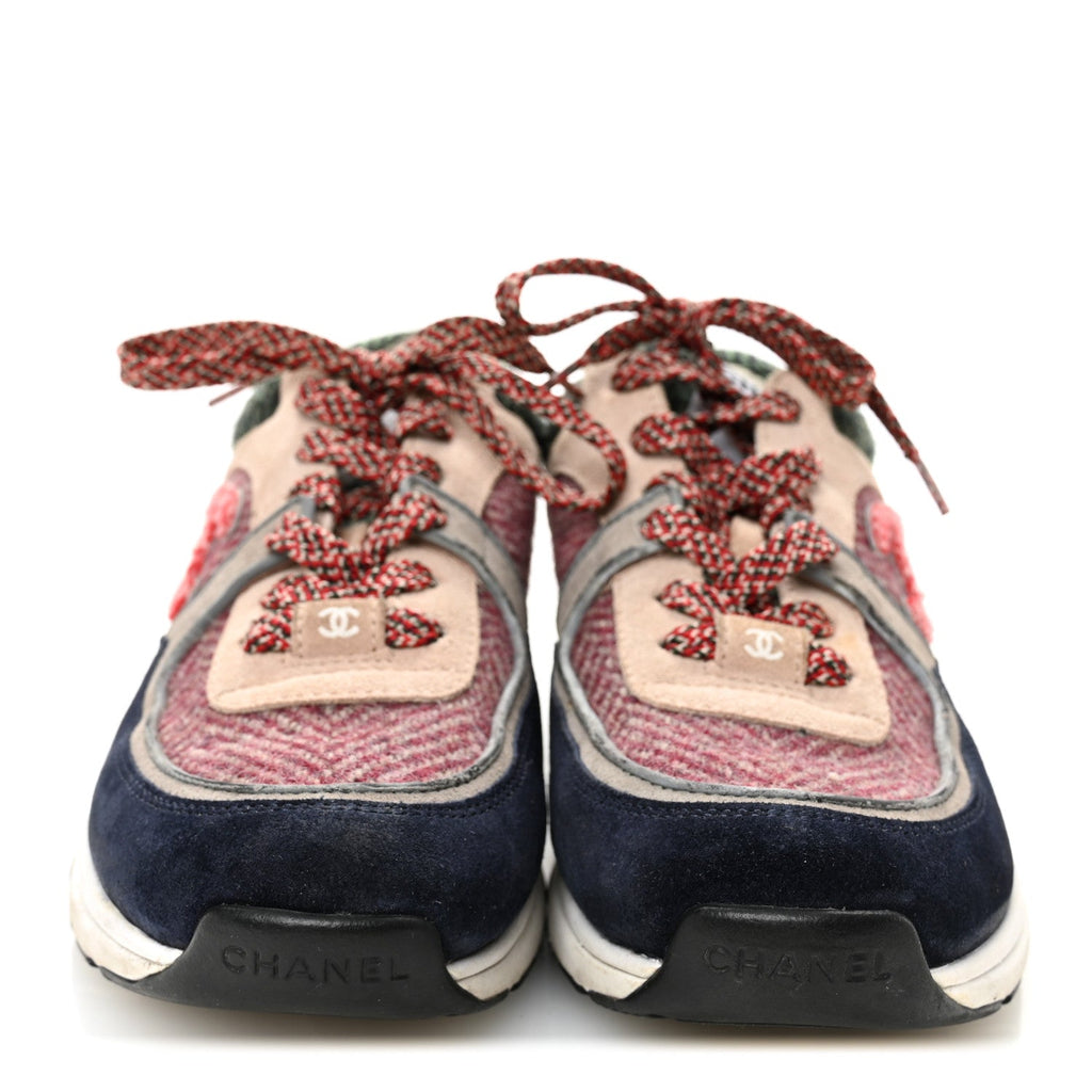 Chanel Tweed Suede CC Sneakers 38.5 Navy Red Multicolor