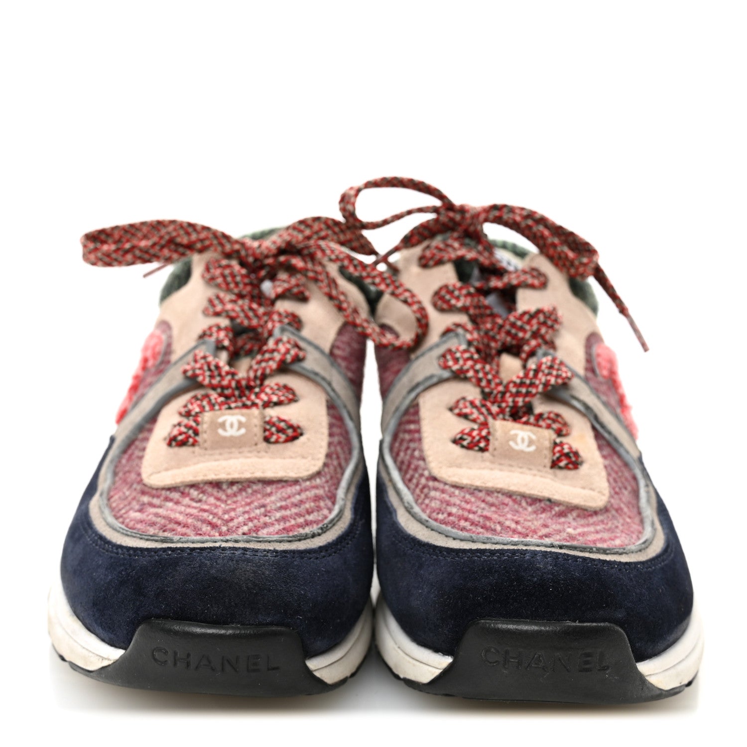 Chanel Tweed Suede CC Sneakers 38.5 Navy Red Multicolor