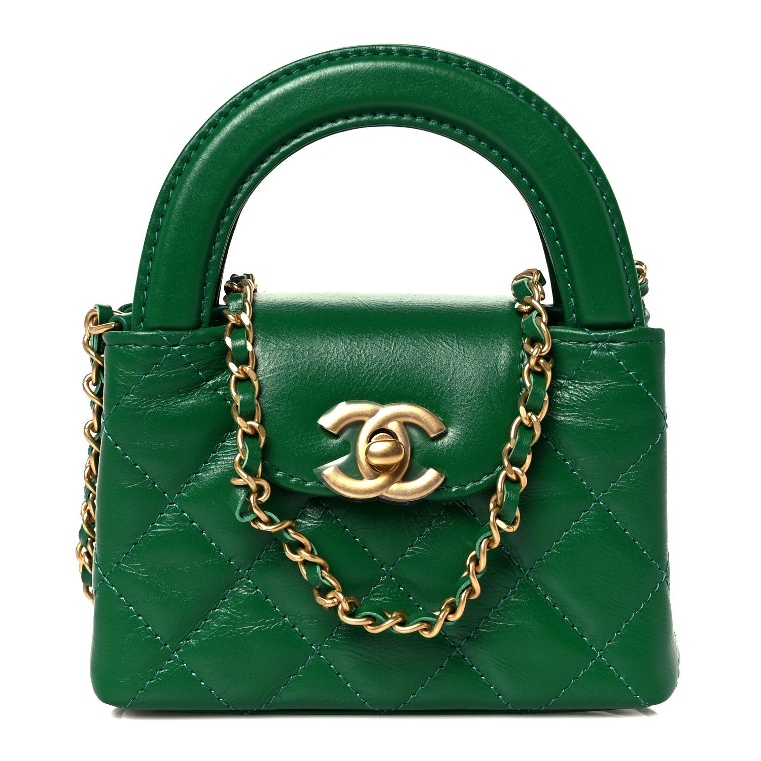 Chanel Shiny Aged Calfskin Quilted Mini Nano Kelly Shopper Green