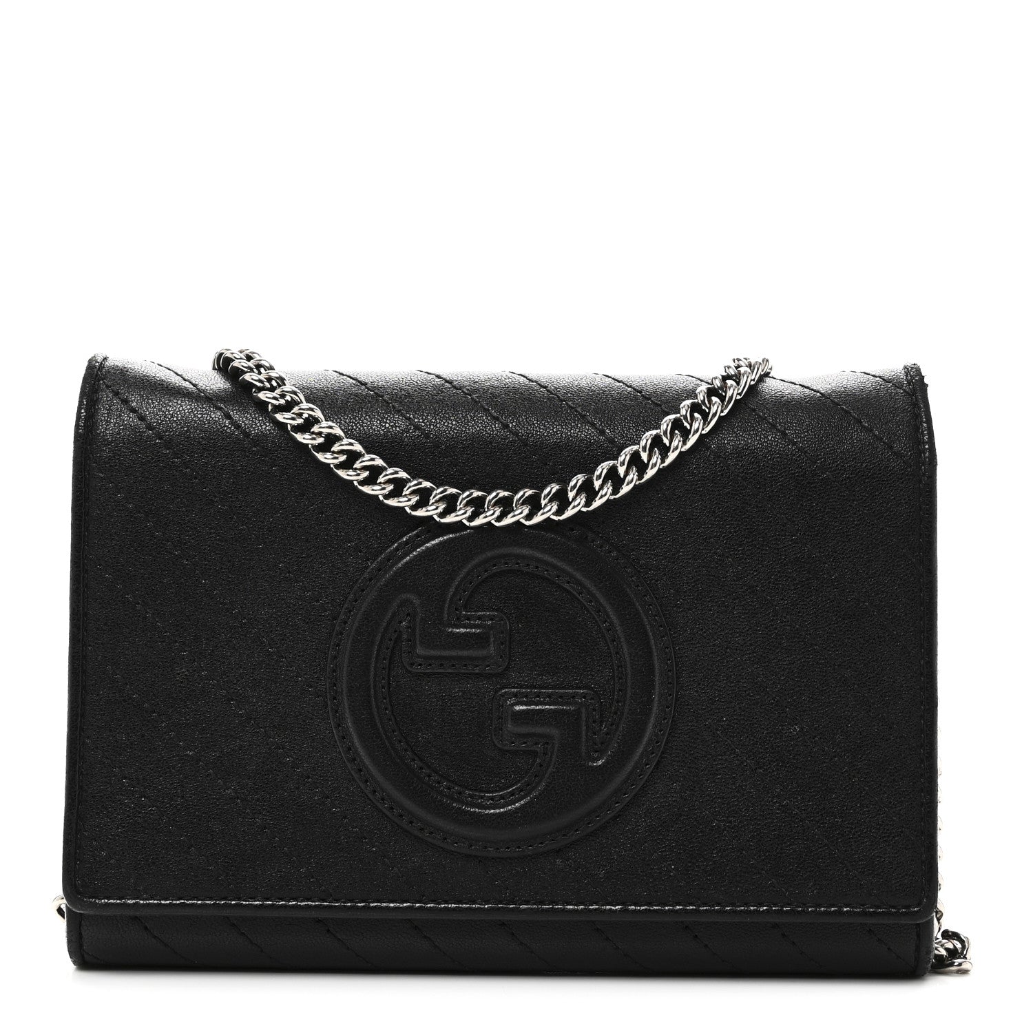 Gucci Sakai Be Green Calfskin Diagonal Stitched Blondie Wallet on Chain Black