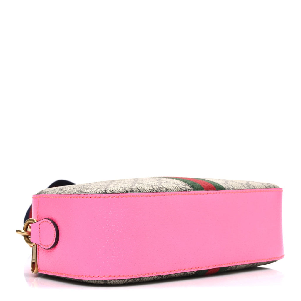 Gucci GG Supreme Monogram Textured Dollar Calfskin Web Ophidia Small Crossbody Bag Beige Ebony Fuchsia