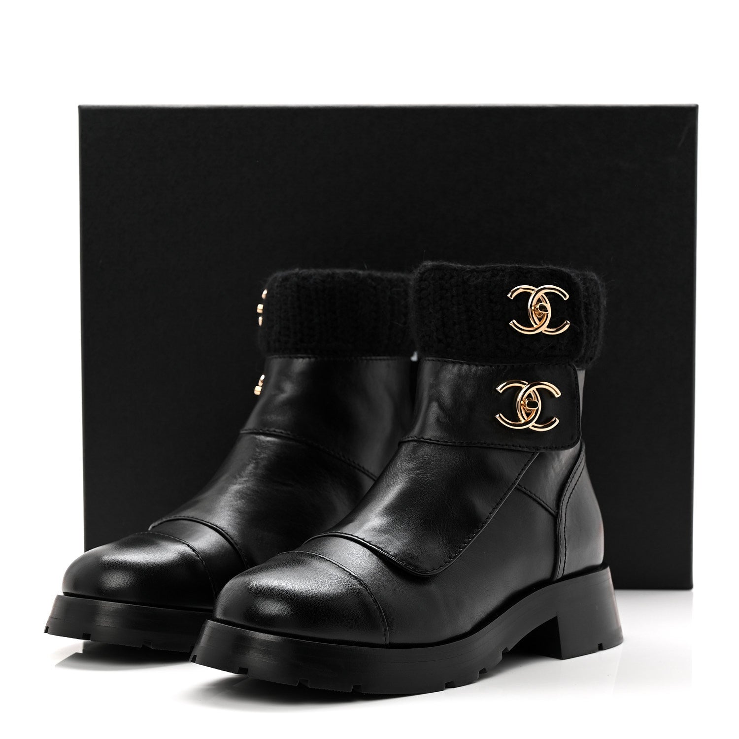 Calfskin Knit CC Short Boots 38 Black