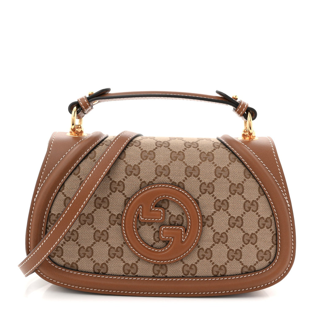 Gucci GG Monogram Calfskin Medium Blondie Top Handle Bag Beige Dark Brown