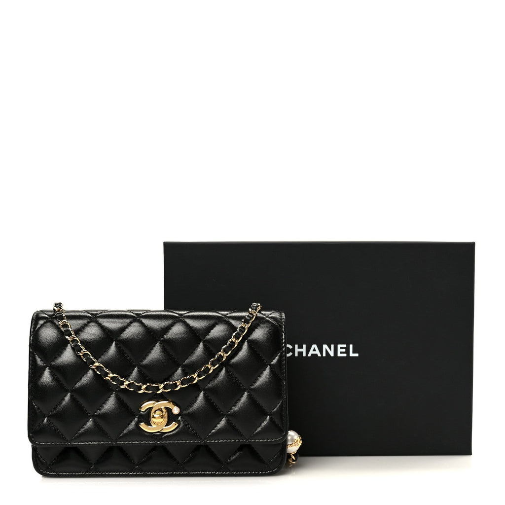 Chanel Shiny Lambskin Quilted CC Pearl Wallet on Chain WOC Black