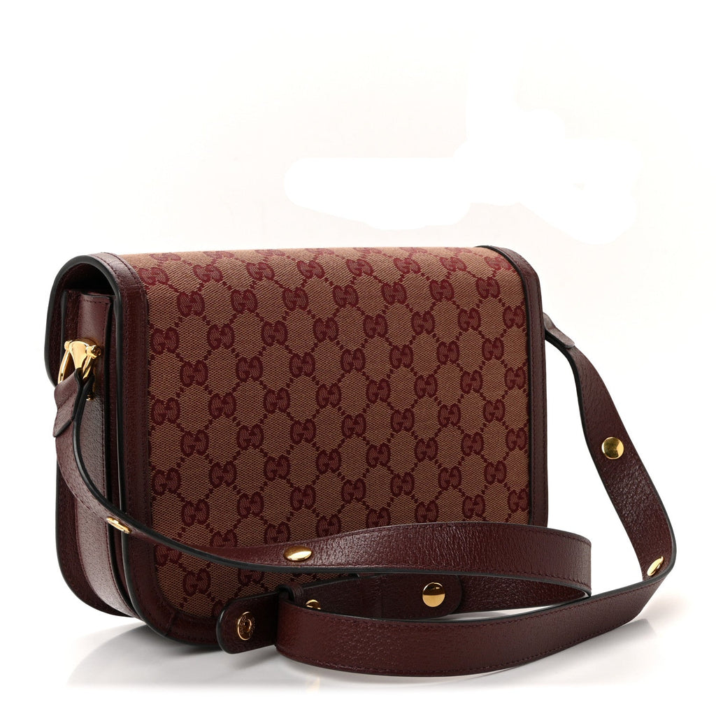 Gucci Monogram Textured Dollar Calfskin Horsebit 1955 Shoulder Bag Sahara Rubino Chardonnay