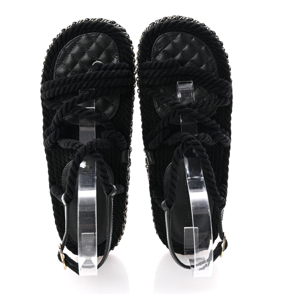 Lambskin Cord Chain CC Sandals 37 Black