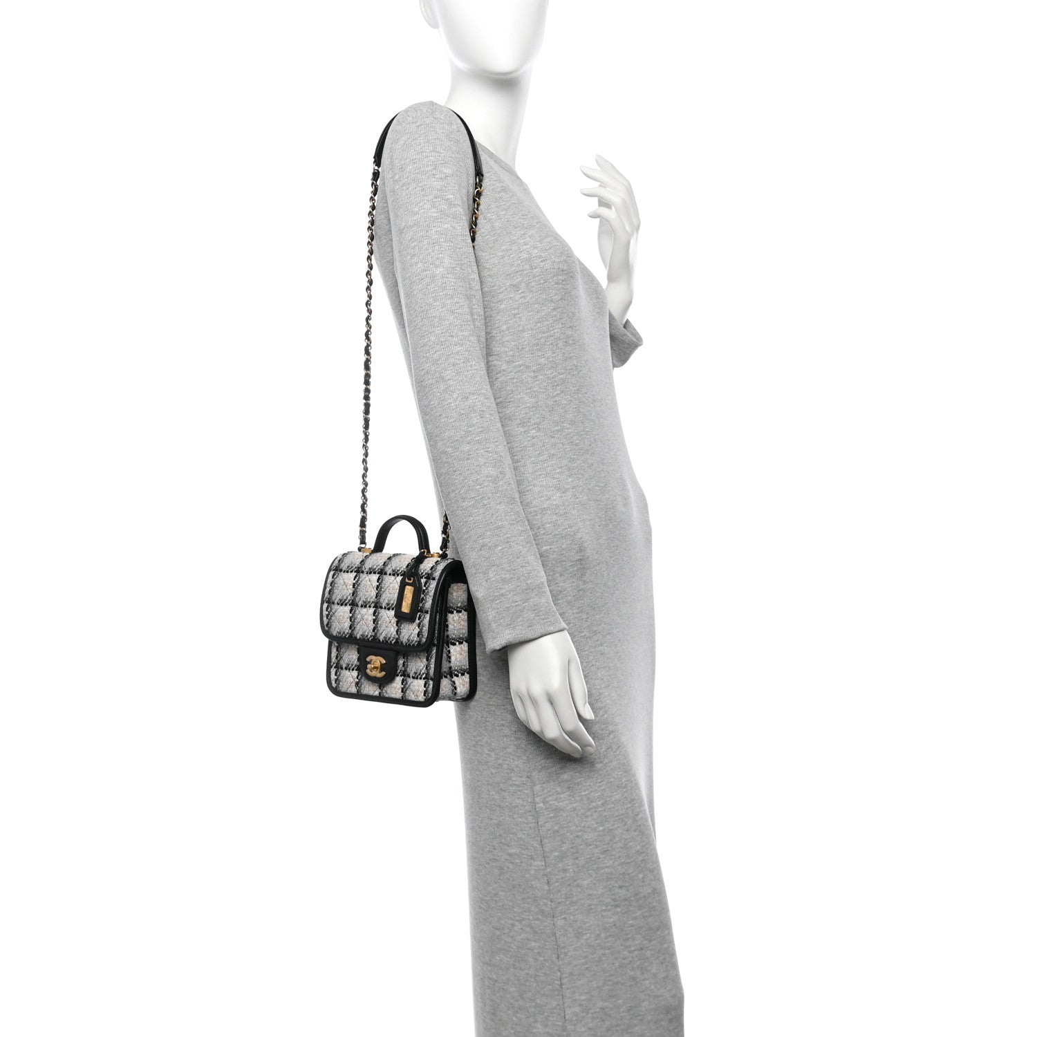 Chanel Tweed Calfskin School Memory Mini Top Handle Flap Ecru Grey Beige Black