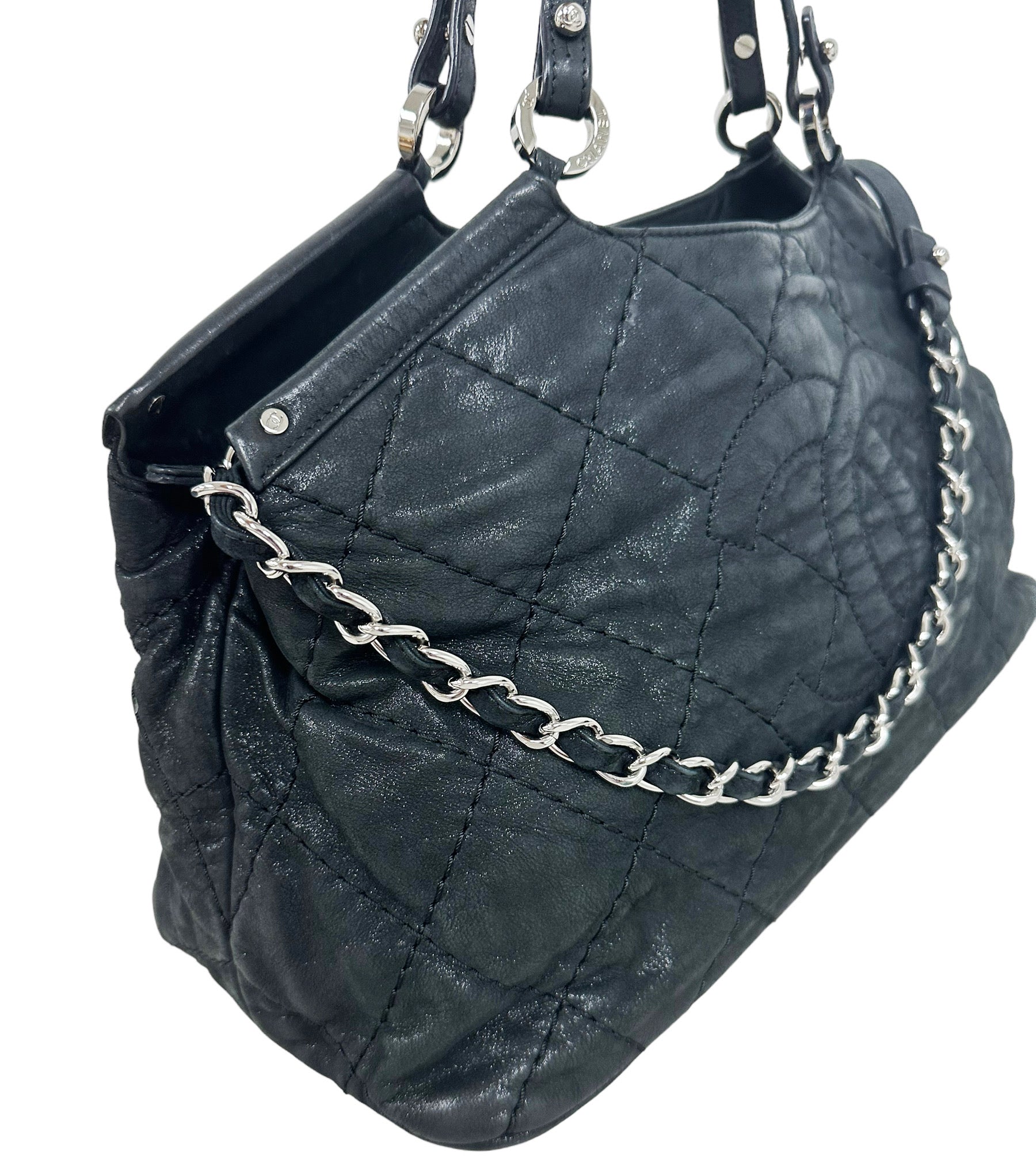 Chanel Matelasse Quilted Black Shimmer Leather Chain Shoulder Tote Bag
