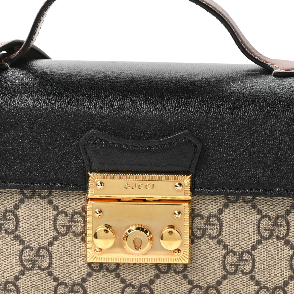Gucci GG Supreme Monogram Calfskin Mini Padlock Top Handle Shoulder Bag Beige Black Cuir