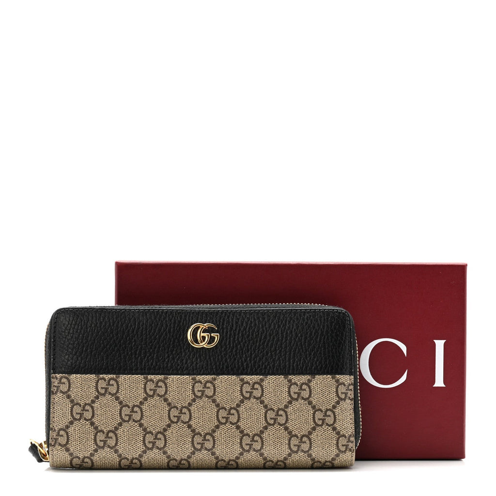 Gucci Dollar Calfskin GG Supreme Monogram GG Marmont Zip Around Wallet Black Beige Ebony