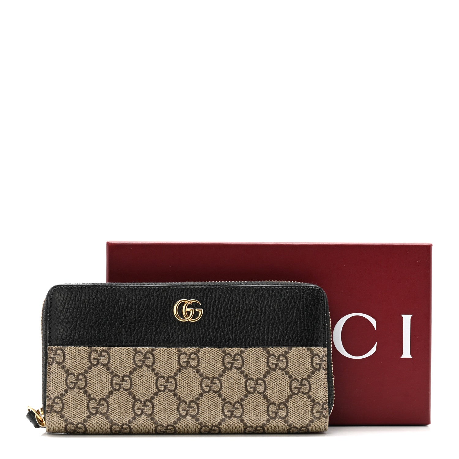 Gucci Dollar Calfskin GG Supreme Monogram GG Marmont Zip Around Wallet Black Beige Ebony