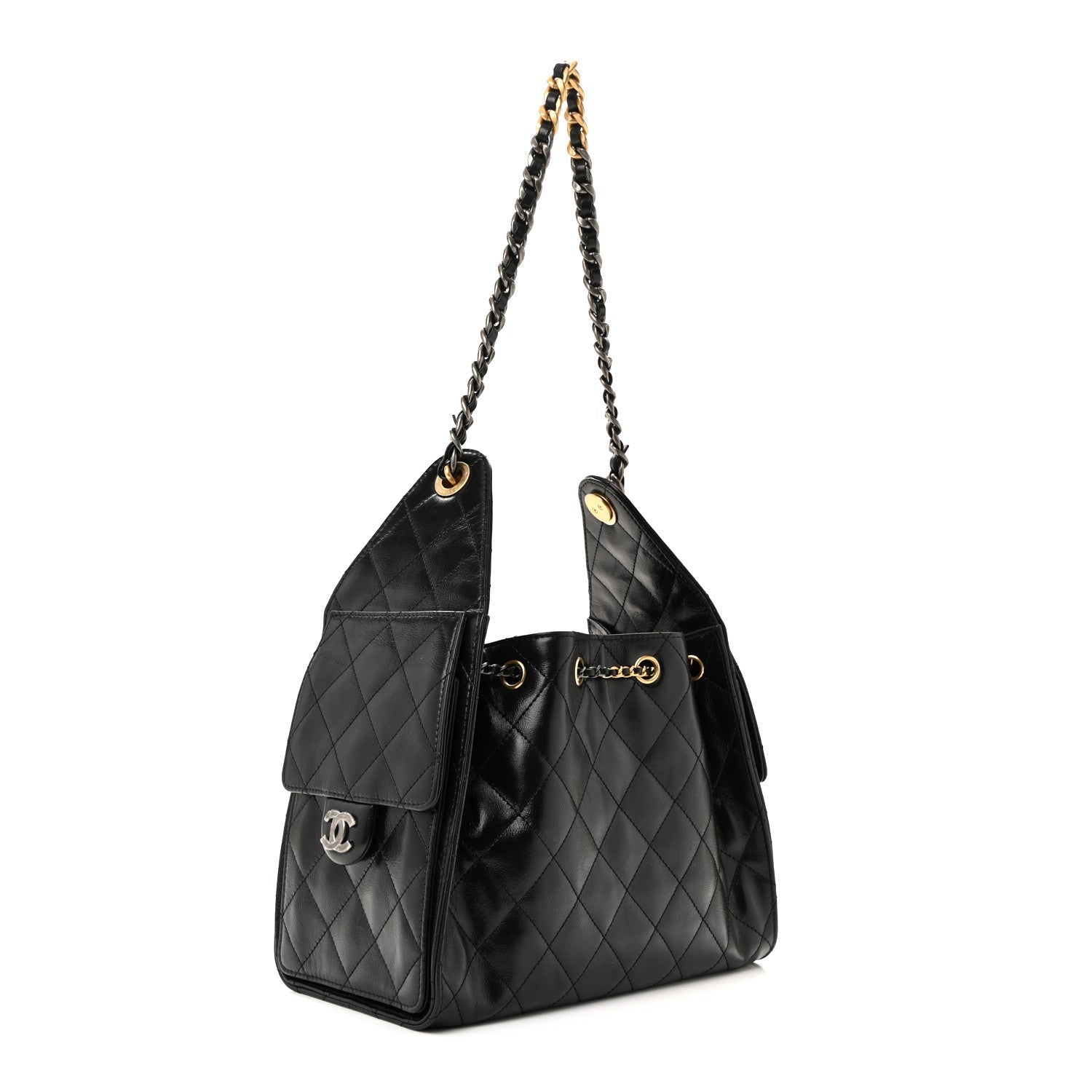 Chanel Shiny Crumpled Calfskin Quilted Small Chanel 25 Handbag Black