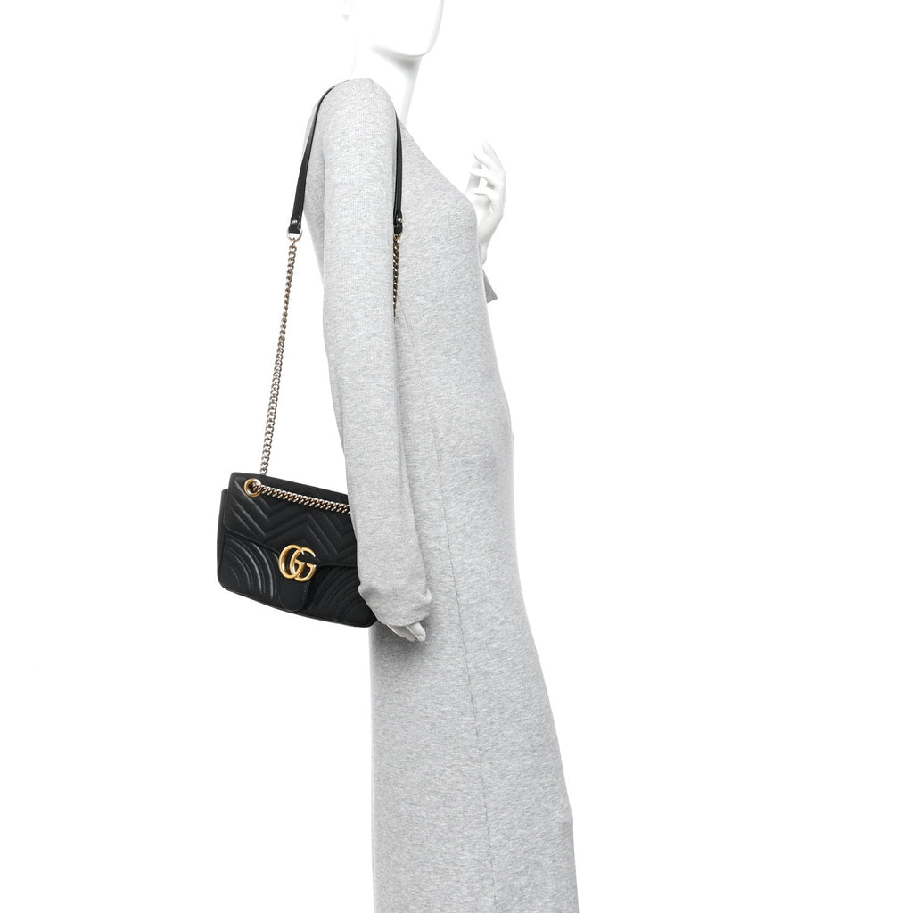 Gucci Calfskin Matelasse Small GG Marmont Shoulder Bag Black
