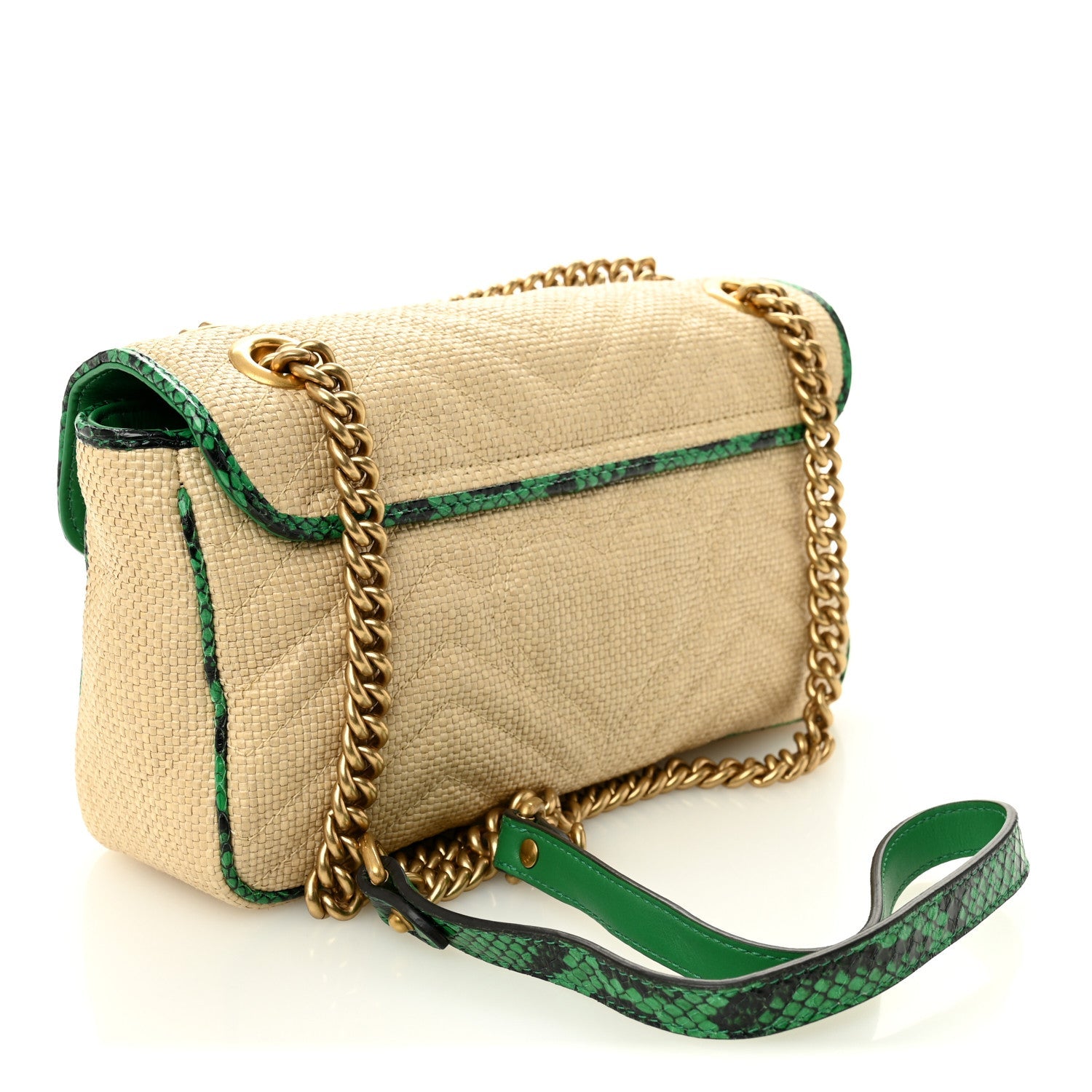 Gucci Raffia Elaphe Matelasse Small GG Marmont Shoulder Bag Natural New Shamarock