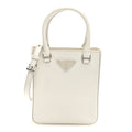 Prada Spazzolato Triangle Small Double Handle Crossbody Tote White