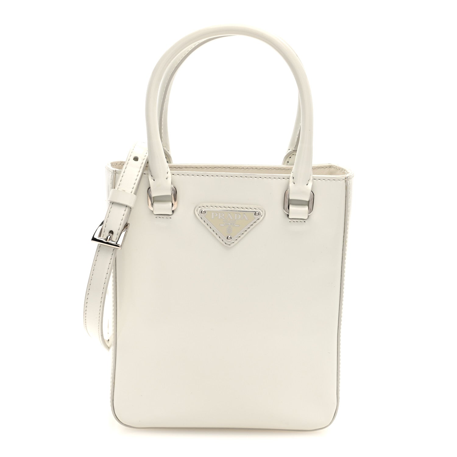 Prada Spazzolato Triangle Small Double Handle Crossbody Tote White