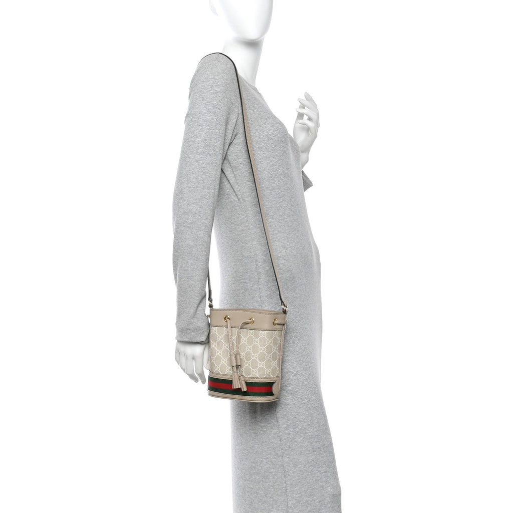 Gucci GG Supreme Monogram Textured Calfskin Web Mini Ophidia Bucket Bag Beige Ebony Mystic White Oatmeal