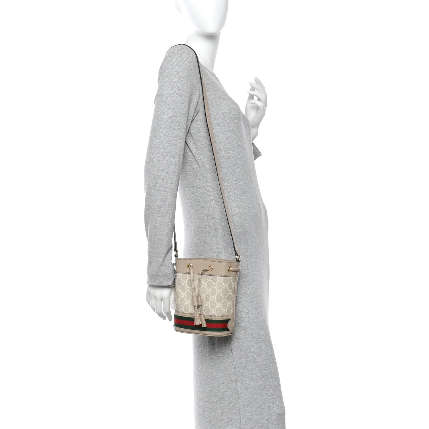Gucci GG Supreme Monogram Textured Calfskin Web Mini Ophidia Bucket Bag Beige Ebony Mystic White Oatmeal