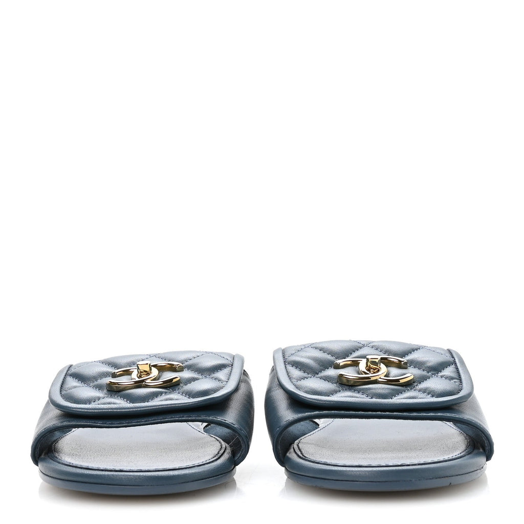 Lambskin Quilted Turnlock Flat Mules 39.5 Dark Blue