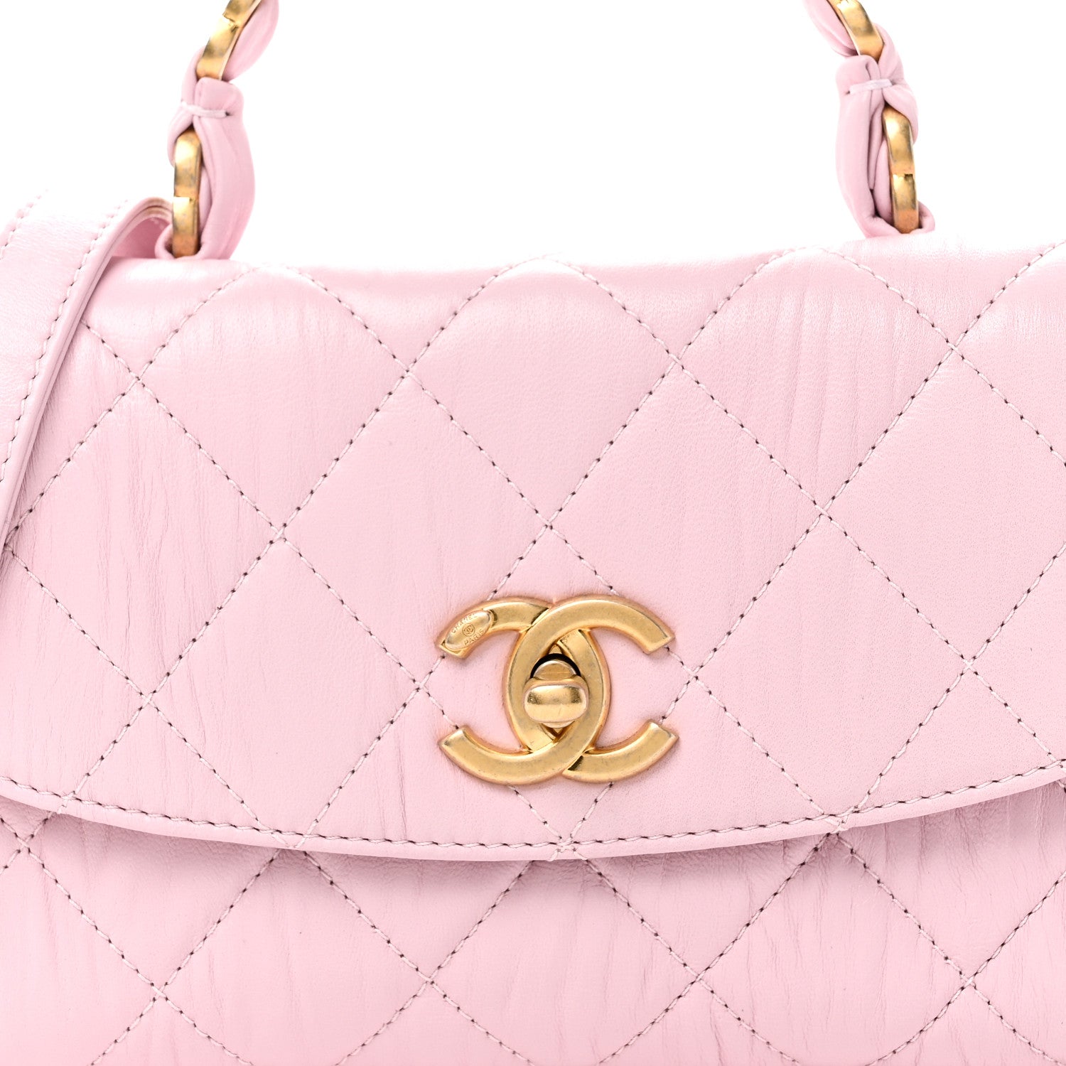 Chanel Crumpled Lambskin Quilted Mini CC Links Top Handle Flap Light Pink