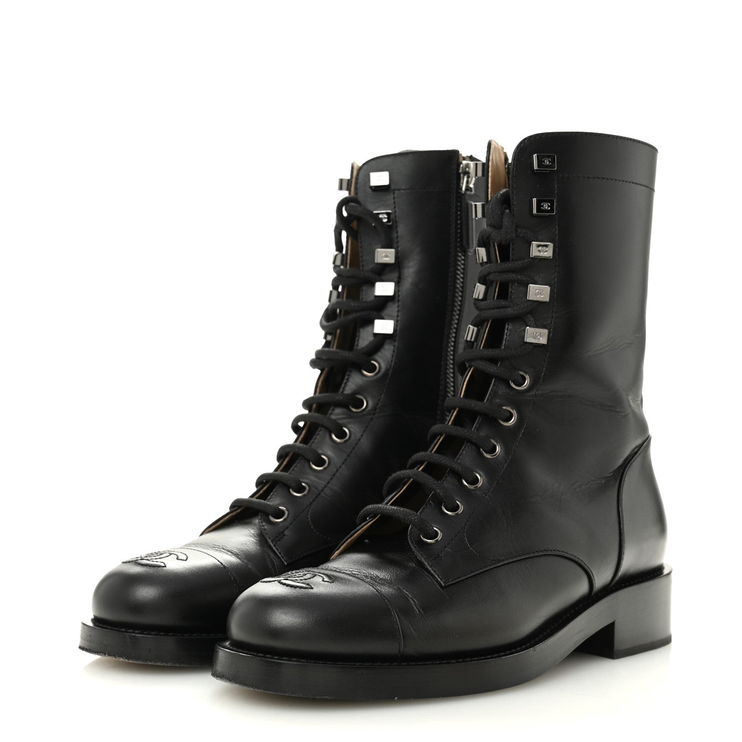 Calfskin Lace Up Combat Boots 37.5 Black