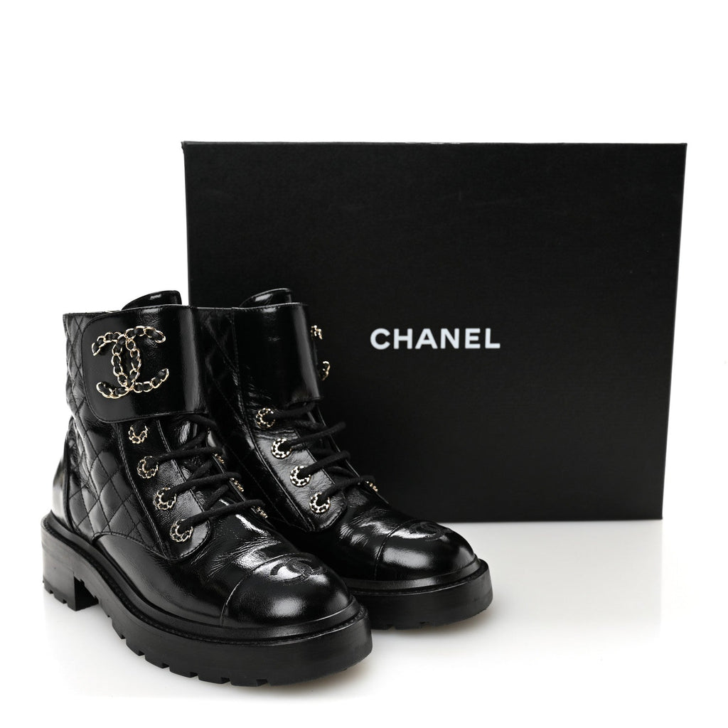 Chanel Shiny Calfskin Quilted Lace Up Combat Boots 37.5 Black