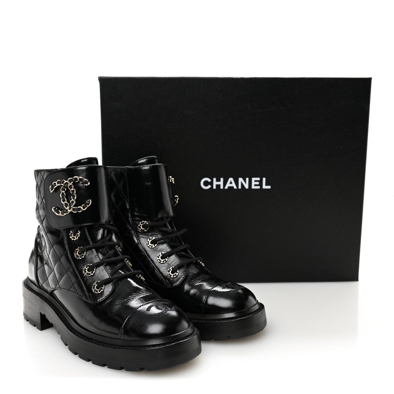 Chanel Shiny Calfskin Quilted Lace Up Combat Boots 37.5 Black