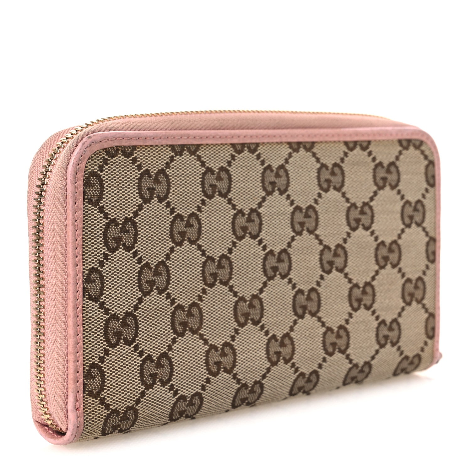 Gucci Monogram Dollar Calfskin Zip Around Wallet Beige Ebony Soft Pink